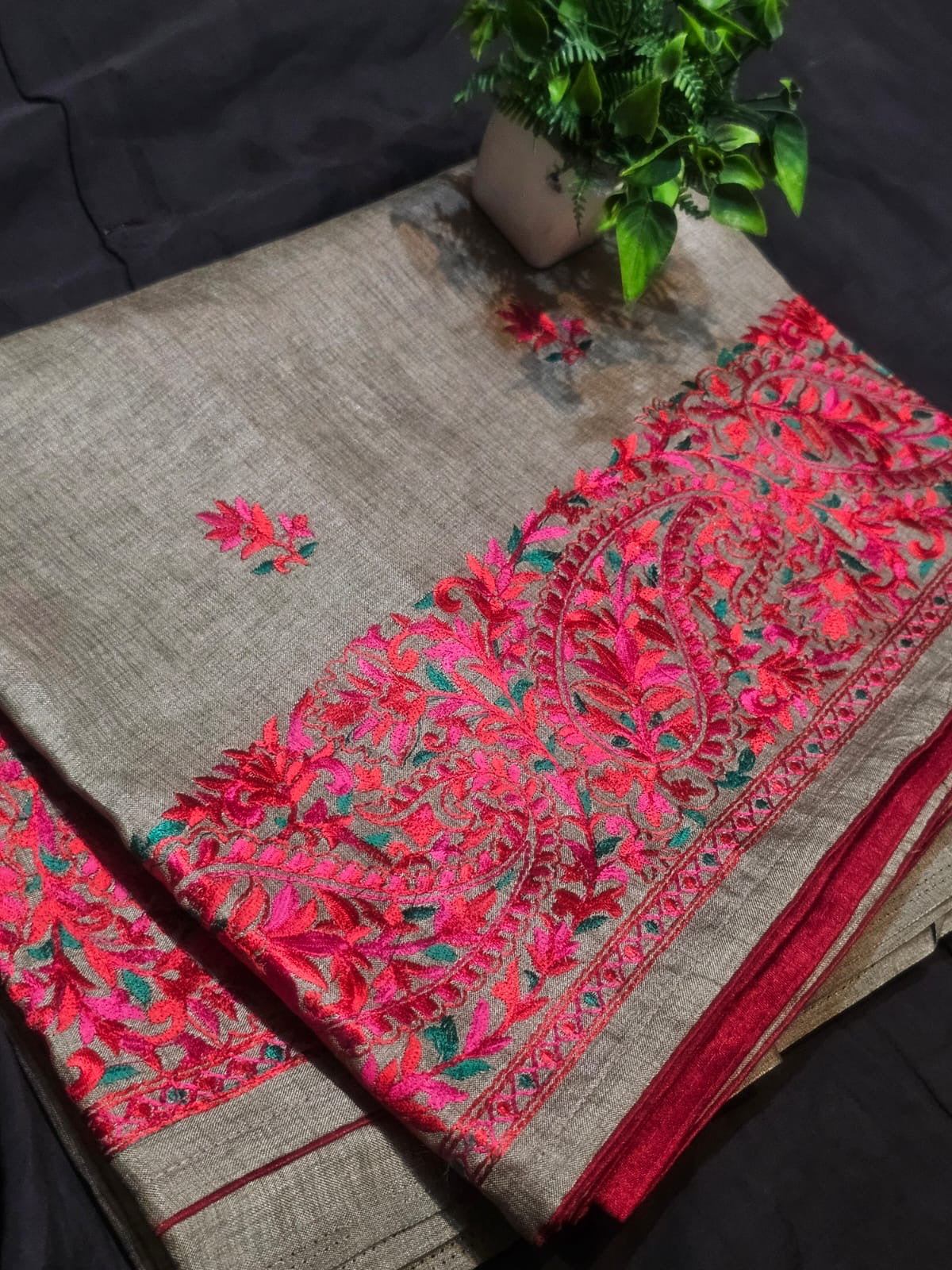 Semi Tussar Silk Saree with Heavy Kashmiri Embroidery and Contrast Red Blouse for Women