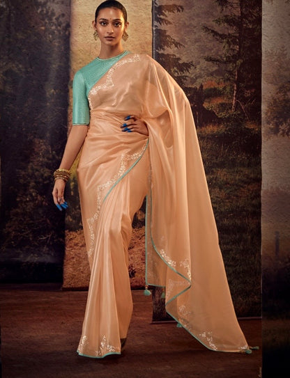 Organza Tissue Silk Saree with Embroidery or Swarovski Work and Heavy Designer Blouse – Wedding and Festive Wear for Women