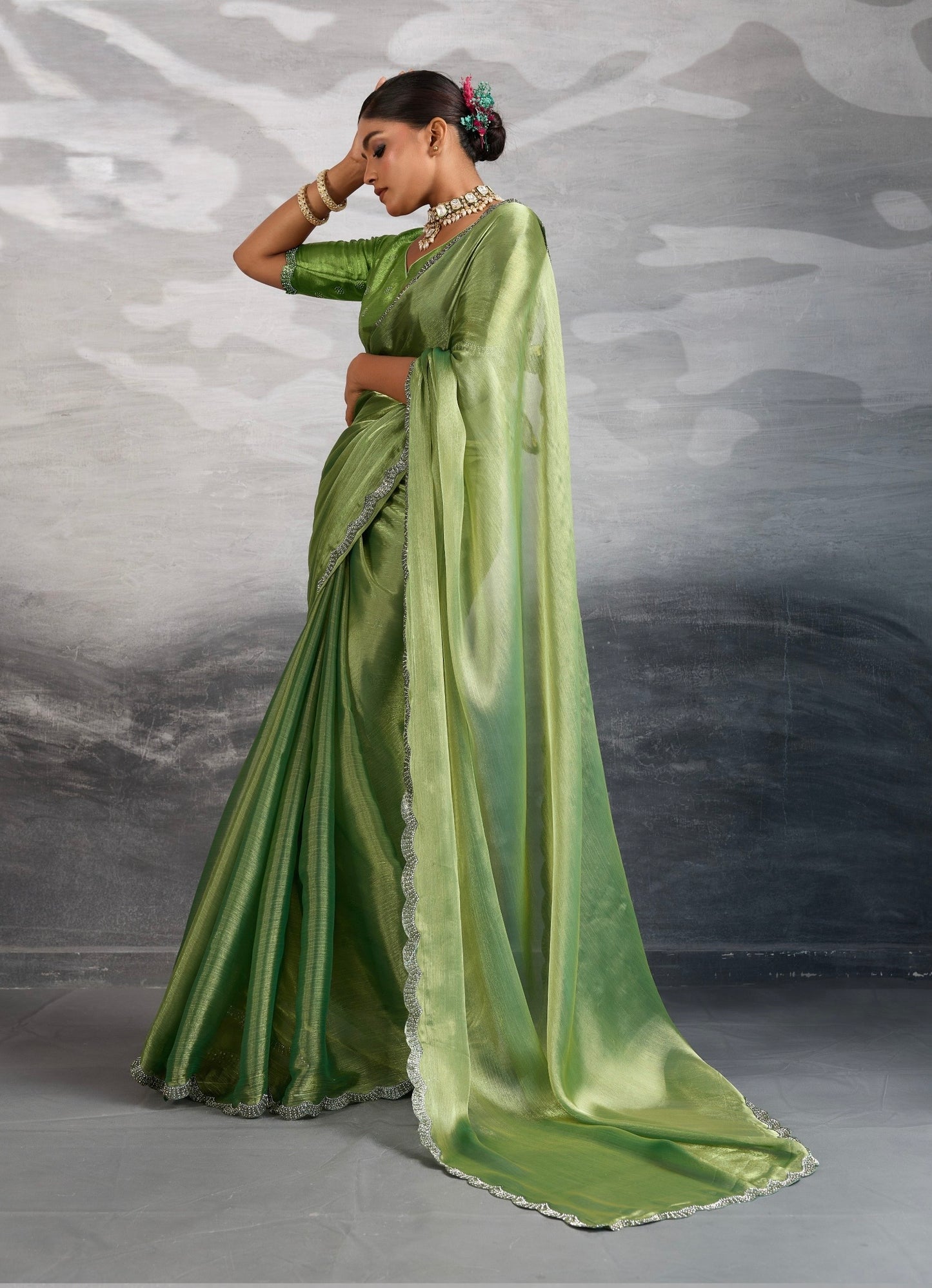 Burberry Chiffon Saree with Zarkan and Cutdana Appliqué Lace Work – Designer Party Wear Saree for Women