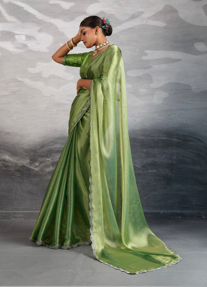 Burberry Chiffon Saree with Zarkan and Cutdana Appliqué Lace Work – Designer Party Wear Saree for Women