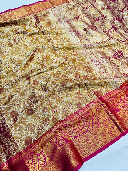 Kanjivaram Silk Saree with Mina Weaving, Nylon Zari Border, Rich Pallu and Blouse Piece