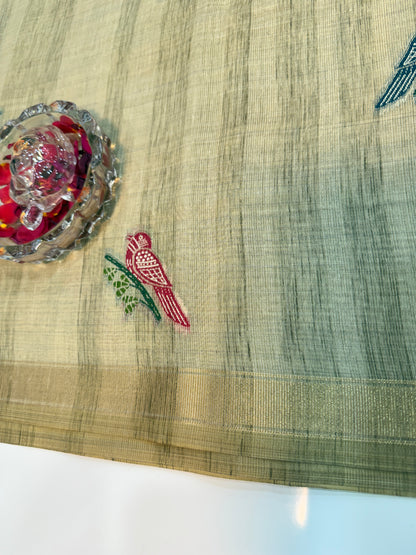 Ghicha cotton saree with bird motif pallu and tassel border, printed cotton saree for women