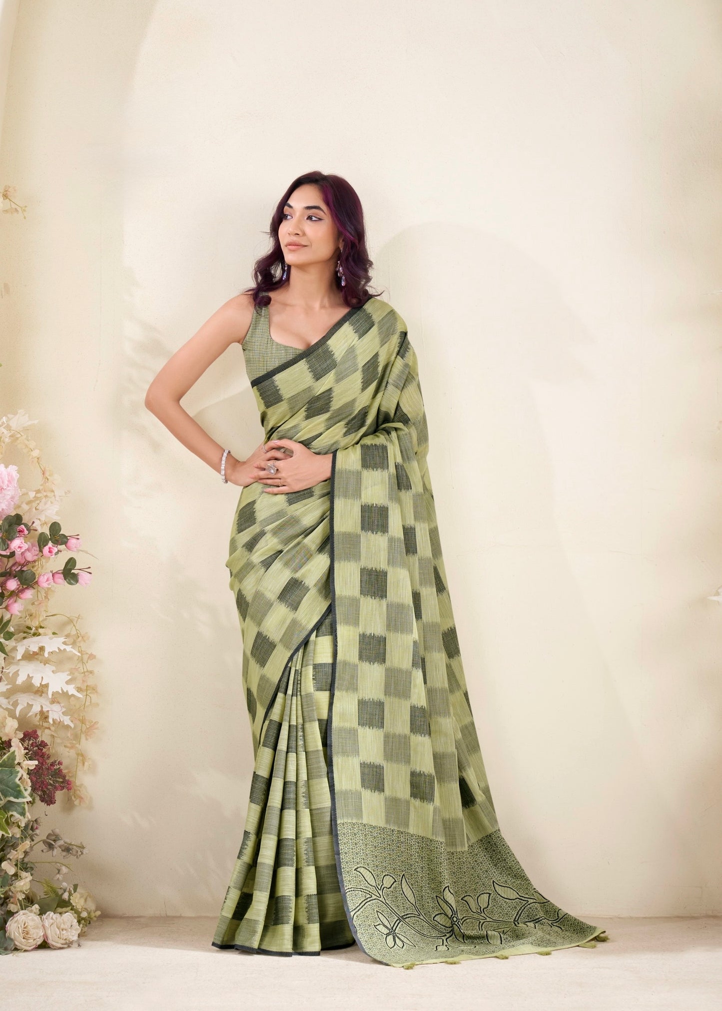 linen silk saree with checked pattern and floral border – lightweight ethnic wear for women