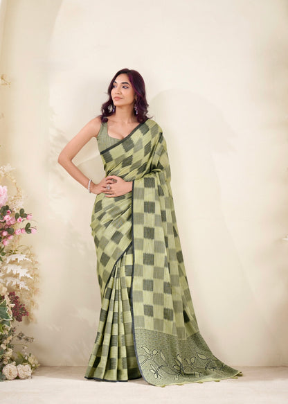 linen silk saree with checked pattern and floral border – lightweight ethnic wear for women