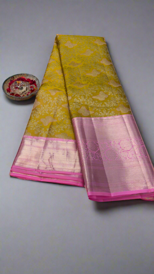 Handloom Kanchi Silk Saree with Silver Zari Weaving in Mustard Yellow for Women