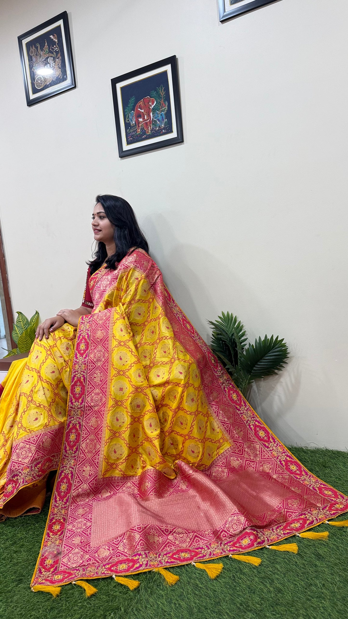 Designer Yellow Silk Saree with Heavy Embroidery Work and Unstitched Blouse for Festive and Wedding Wear