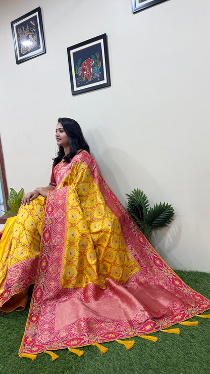 Designer Yellow Silk Saree with Heavy Embroidery Work and Unstitched Blouse for Festive and Wedding Wear