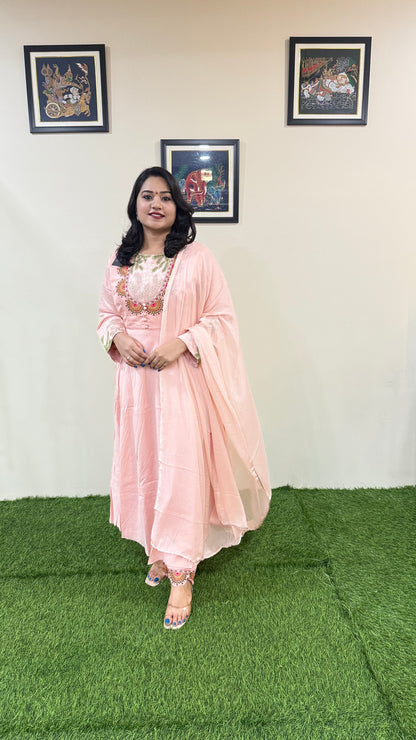 Pure Real Silk Ethnic 3-Piece Set with Embroidered Tissue or Organza Dupatta – Free Size Stitched