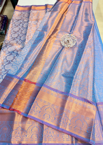 Bridal tissue saree for women with woven zari work and contrast border, kanchipuram style powerloom saree with blouse fabric