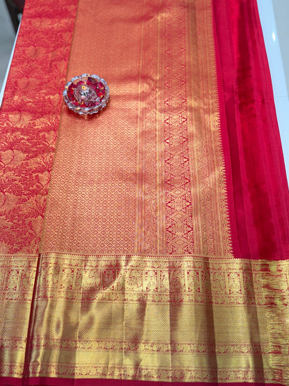 Bright Red Handloom Mulberry Silk Saree with Gold Zari Weaving and Blouse Piece for Women