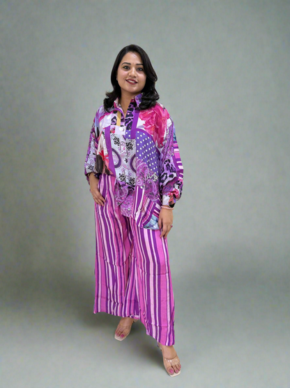 Viscose Crepe Digitally Printed Top with Matte Satin Digitally Printed Bottom – Women’s Fusion Wear Set (L to 2XL)