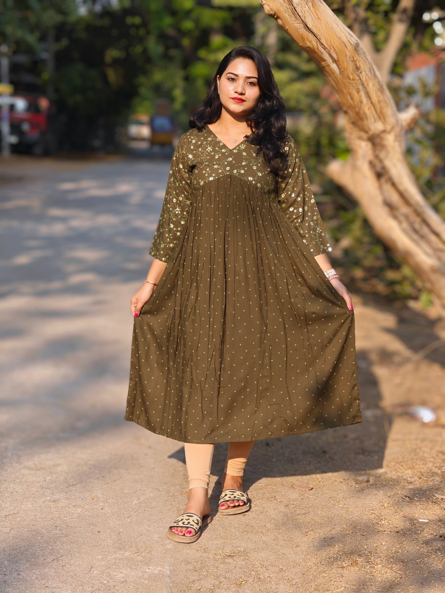 Olive Rayon Yoke Foil Printed A-Line Kurta