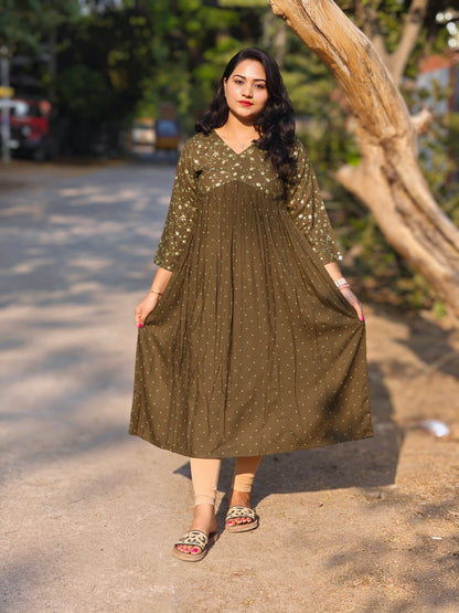 Olive Rayon Yoke Foil Printed A-Line Kurta