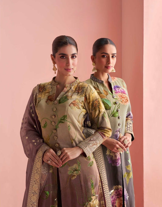 Premium Silk Embroidered Front Cut Kurta Pant Set with Jacquard Dupatta – Festive Wear for Women