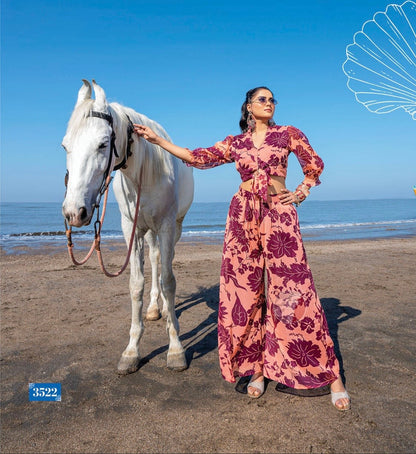 Viscose Chiffon Digital Printed Crop Top with Palazzo – Designer Summer Wear – Sizes S to XL