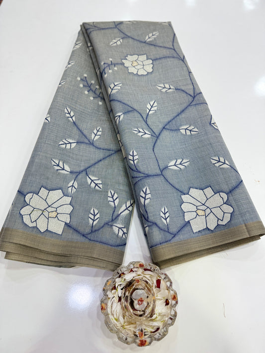 Linen printed saree with floral vine design, contrast border and tassel pallu, women’s daily wear saree