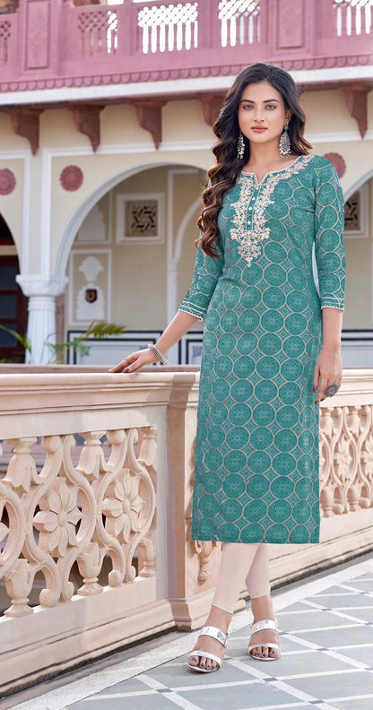 Rayon Printed Kurti with Embroidery and Handwork for Women – XL & XXL