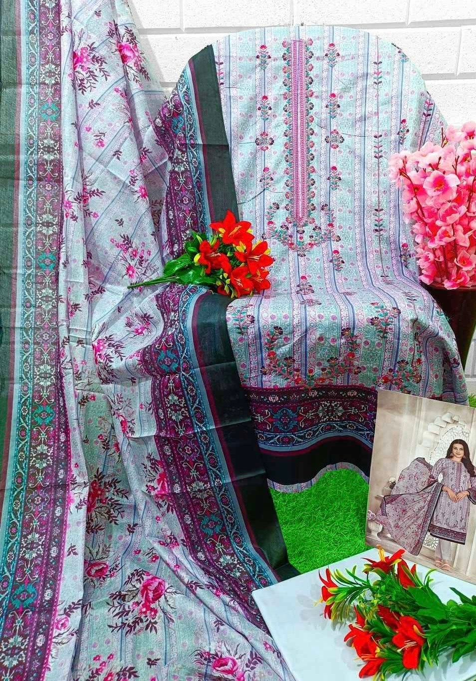 Unstitched Pure Cotton Cambric Suit Material with Self Embroidery and Mal Mal Dupatta