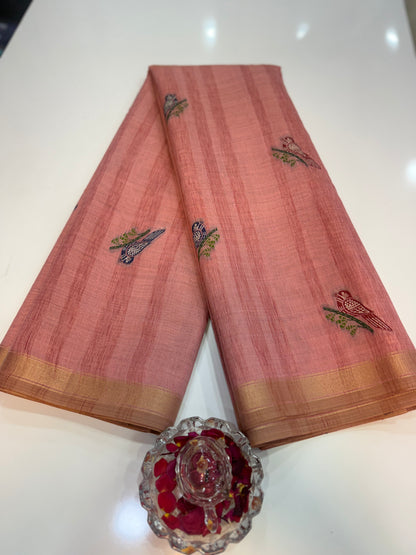 Ghicha cotton saree with bird motif pallu and tassel border, printed cotton saree for women