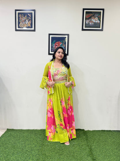 Faux Georgette Designer Lehenga Set with Mirror Work, Zari Detailing and Cowrie Shell Jacket