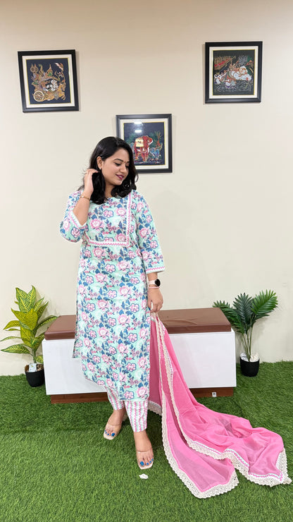 Cotton Kurti Pant Dupatta Set for Women with Crochet Work and Stole Dupatta – Sizes 36 to 46