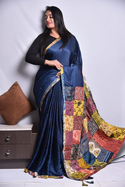 Modal Patch Work Saree with Handblock Print and All-Over Mirror Embellishments for Women
