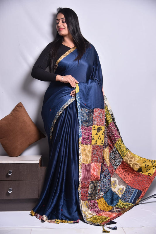 Modal Patch Work Saree with Handblock Print and All-Over Mirror Embellishments for Women