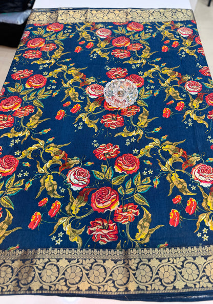 Pure Viscose Crepe silk saree with digital floral print and woven zari border for women