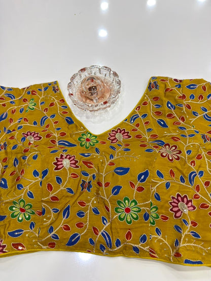 Pure silk embroidered readymade blouse for women, floral print, 3/4 sleeve, padded, size 38–42, 15 inch length