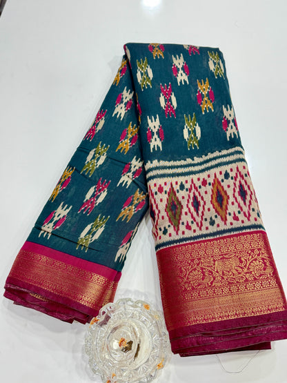Semi Maheshwari Silk Saree with Zari Border & Ikat Style Weaving for Women