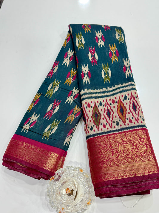 Semi Maheshwari Silk Saree with Zari Border & Ikat Style Weaving for Women