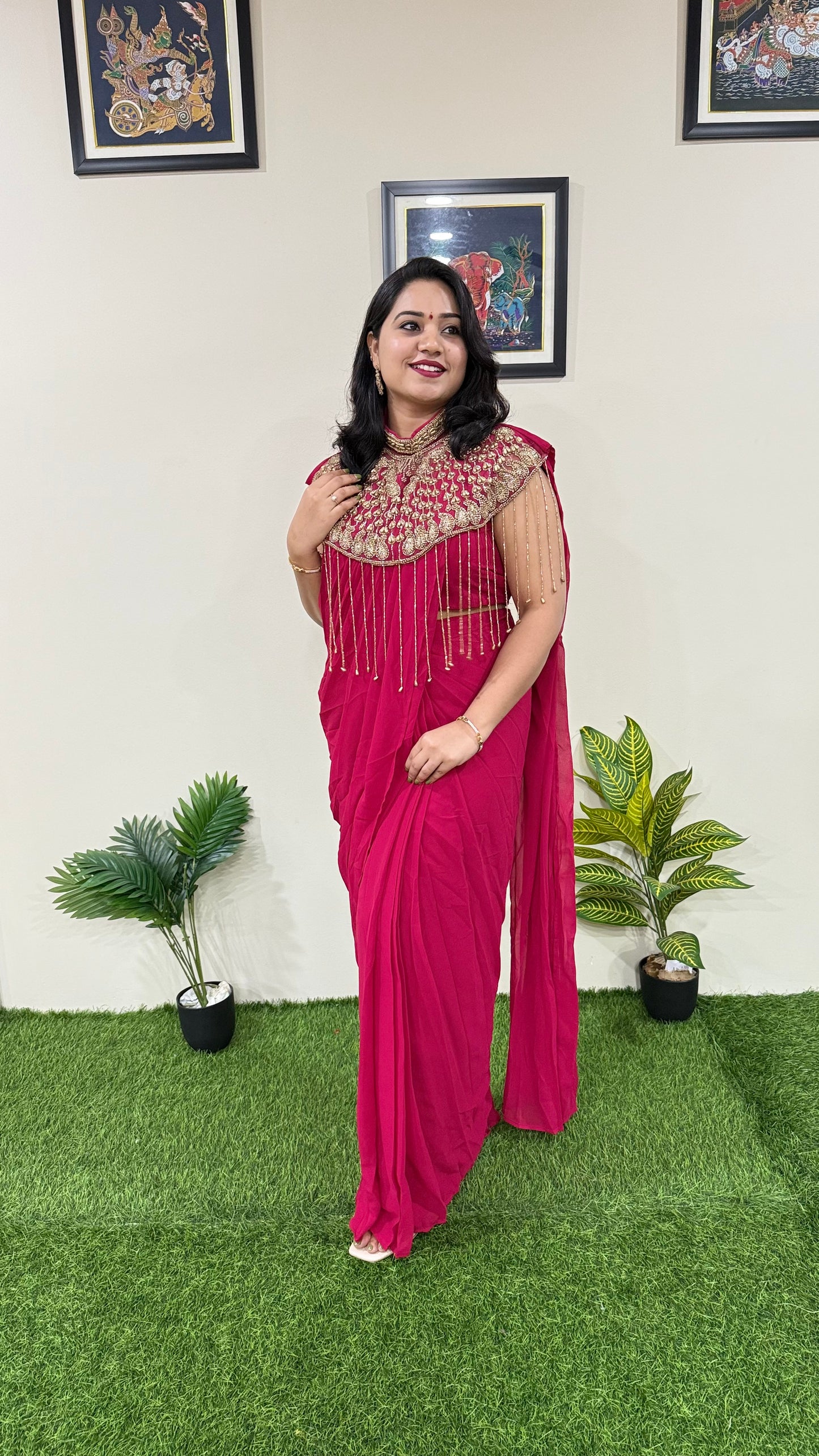 Pre-Draped Georgette Saree with Stitched Crop Top and Hand-Embroidered Cape – Ready-to-Wear Set for Women