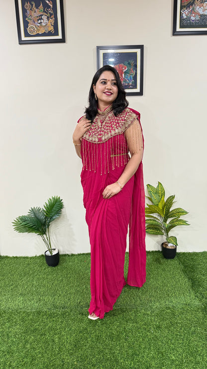 Pre-Draped Georgette Saree with Stitched Crop Top and Hand-Embroidered Cape – Ready-to-Wear Set for Women