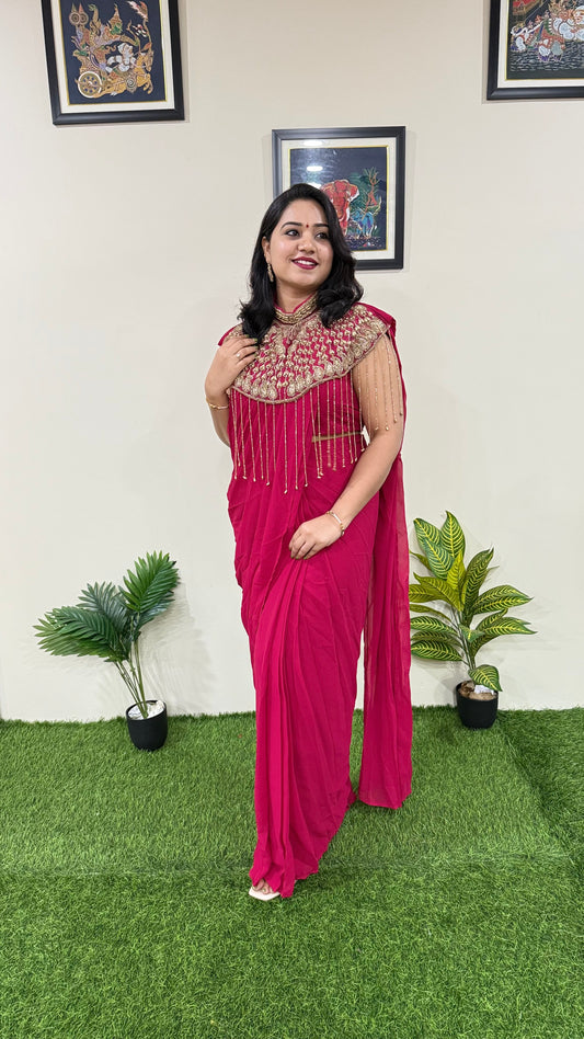 Pre-Draped Georgette Saree with Stitched Crop Top and Hand-Embroidered Cape – Ready-to-Wear Set for Women