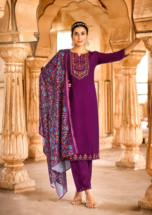 Viscose Embroidered Kurta Pant Dupatta Set with Khatli Mirror Work and Digital Print Dupatta – L to 3XL