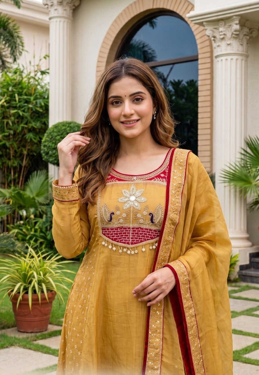 Salsa Adda Work Kurta Pant Dupatta Set for Women with Lining, Mustard Festive 3 Piece Set