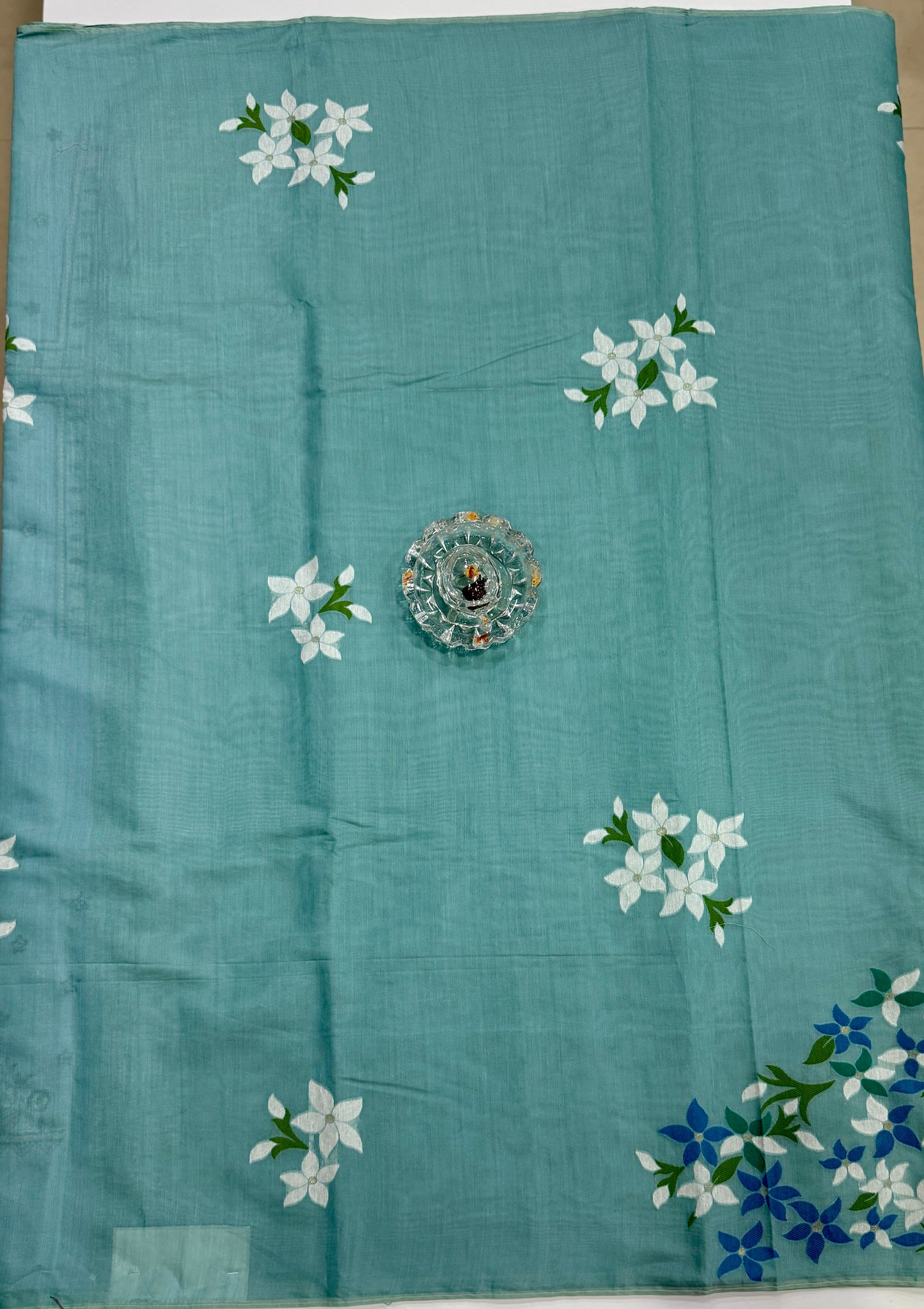 Aqua blue kora silk style viscose saree with woven detailing, tassel pallu and embroidered blouse fabric for women