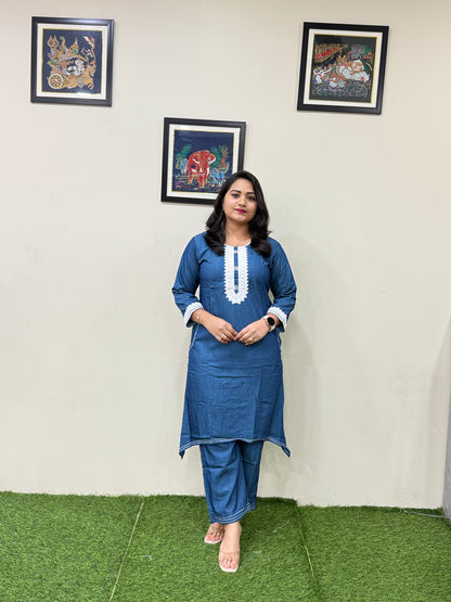 Premium Fancy Denim Co-Ord Set for Women with Thread Work – Fish-Cut Top and Pocket Pant