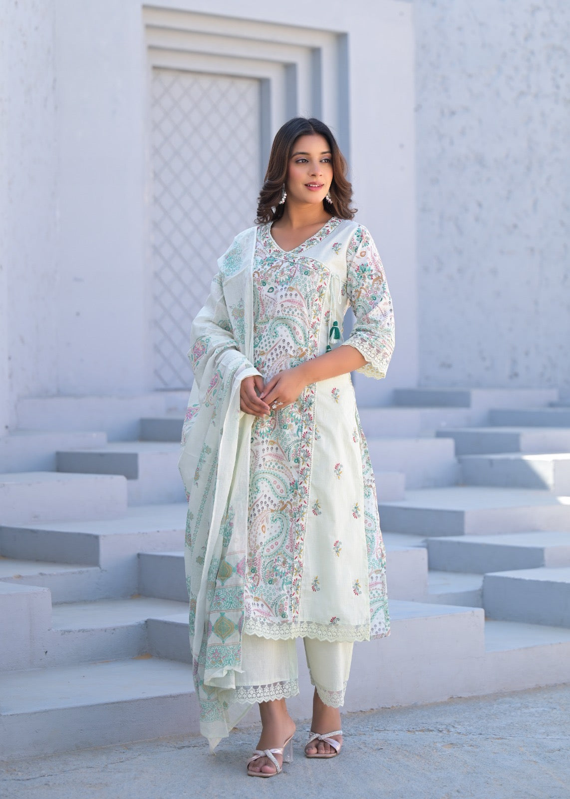 Women’s digital cotton kurta pant dupatta set with thread embroidery – summer ethnic wear