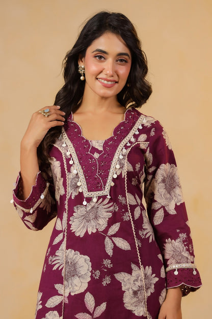 Pure Cotton Floral Printed Kurti Pant Set with Lace Detailing for Women – Wine Colour