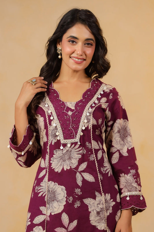 Pure Cotton Floral Printed Kurti Pant Set with Lace Detailing for Women – Wine Colour