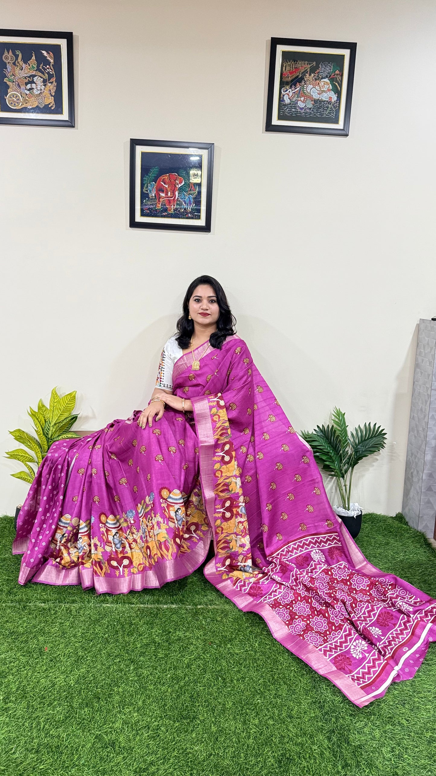 Handloom Semi Tussar Saree with Kalamkari Design and Silver Border for Festive Wear