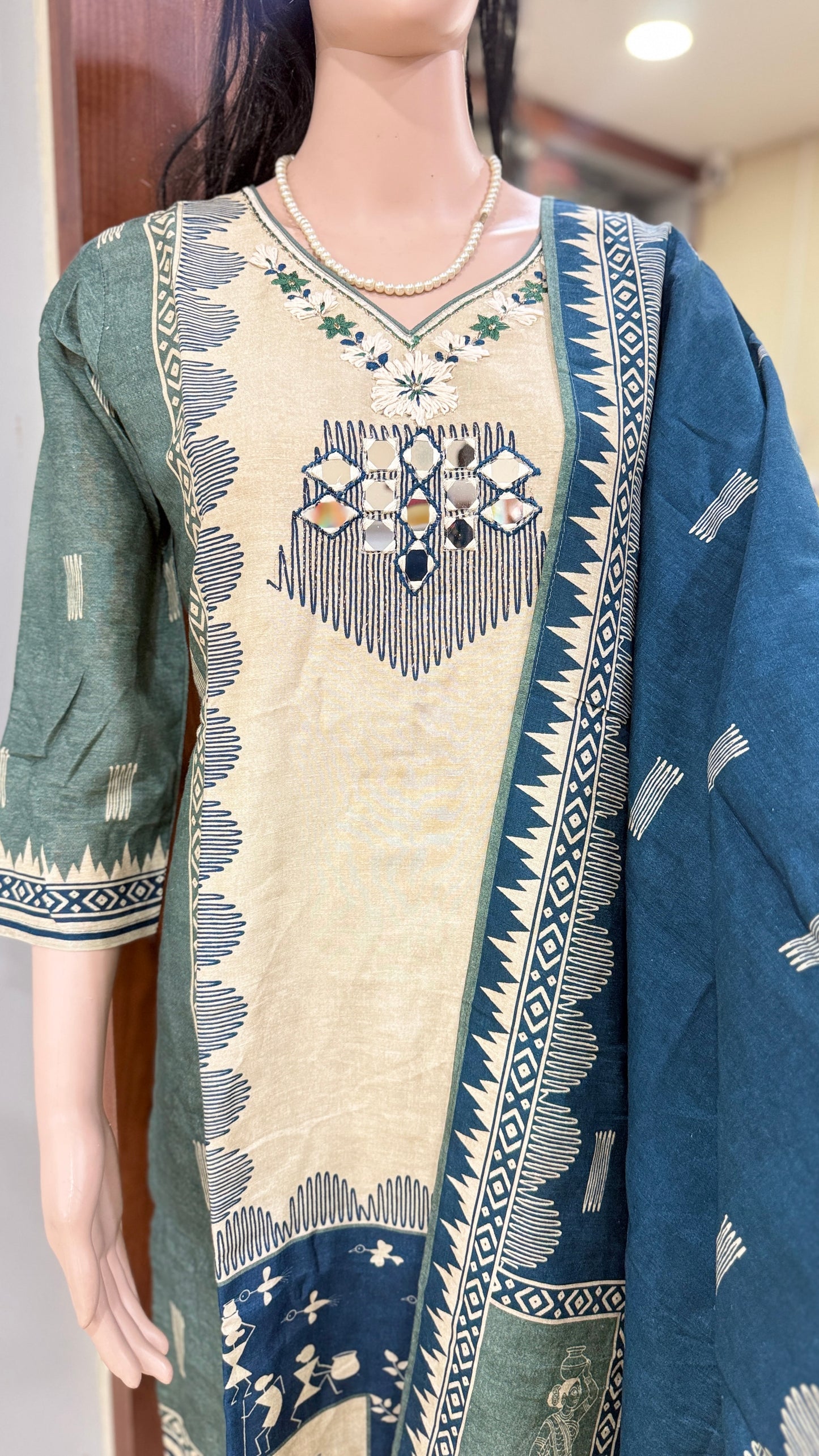 Linen silk kurta pant dupatta set for women with mirror and thread detailing, tribal print ethnic 3 piece set