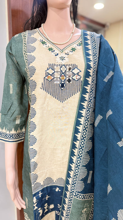Linen silk kurta pant dupatta set for women with mirror and thread detailing, tribal print ethnic 3 piece set