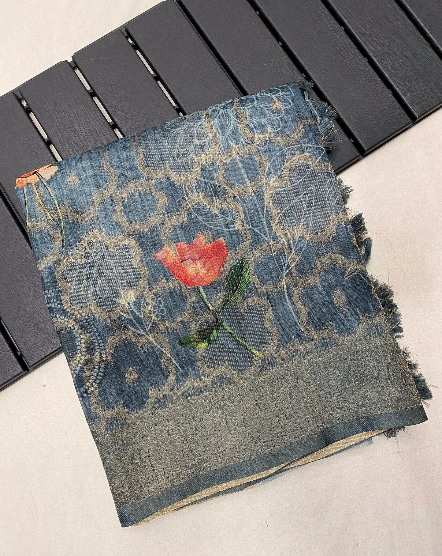 German Silk Saree with Super Weaves, Digital Print and Printed Blouse – Festive Wear for Women