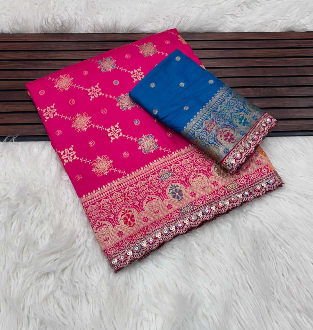 Masharu Silk Saree with Lakhnavi Meena Jacquard Weaving and Contrast Embroidered Blouse