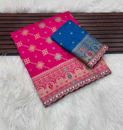 Masharu Silk Saree with Lakhnavi Meena Jacquard Weaving and Contrast Embroidered Blouse