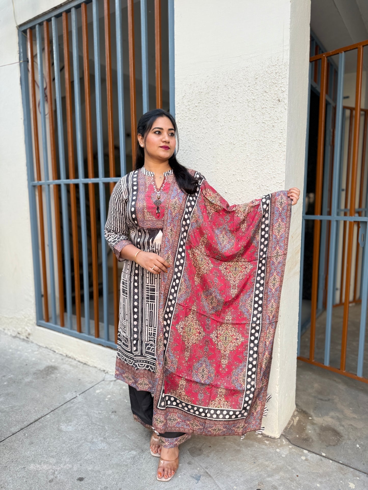 Viscose silk printed kurta pant dupatta set with ethnic motifs and mirror-style detailing for women