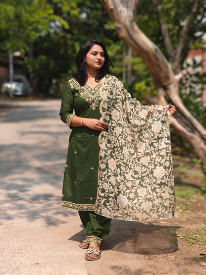 Heavy Chanderi Afghani Suit Set with Embroidery & Floral Print Organza Dupatta – Mahendi & Yellow – Sizes M & L