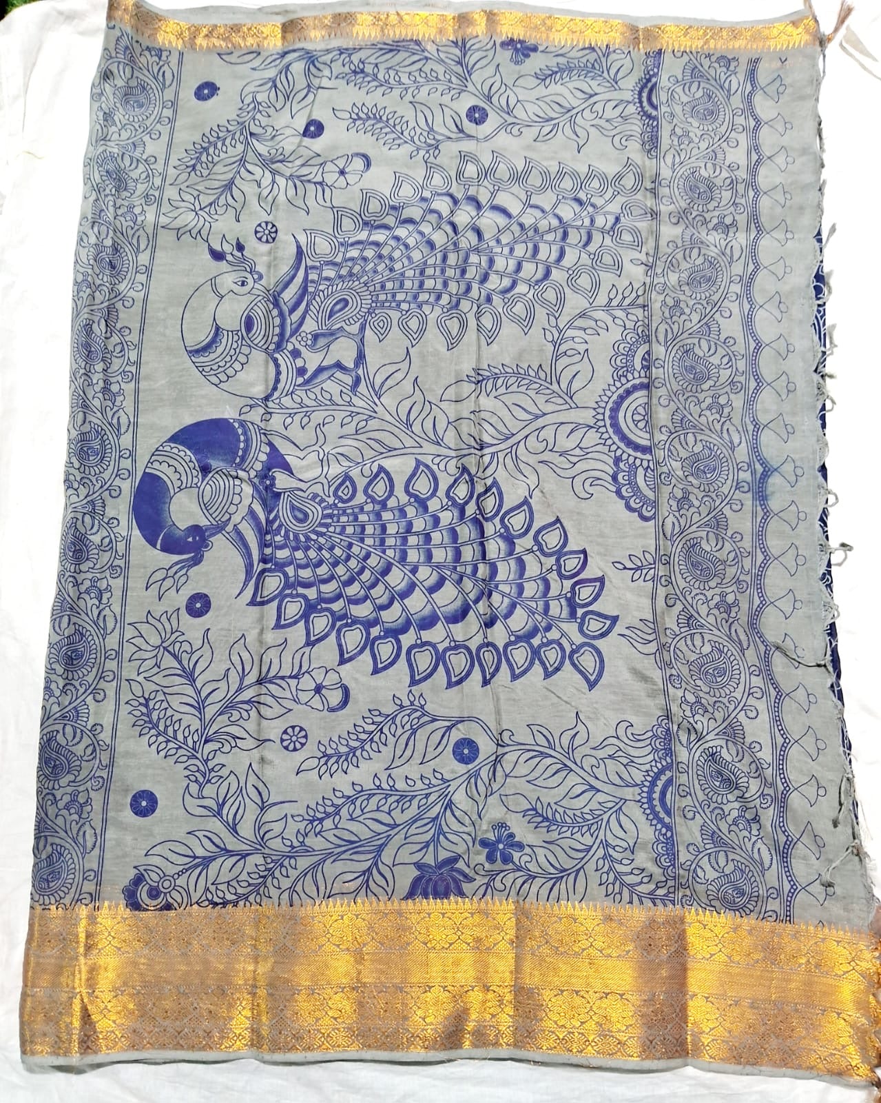 Chennuri Pure Silk Saree with Outline Kalamkari Design and Traditional Kanchi Borders